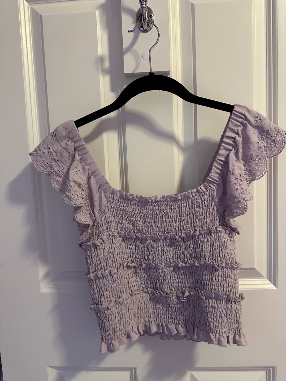 Lavender Smocked Ruffle Sleeve Crop Top